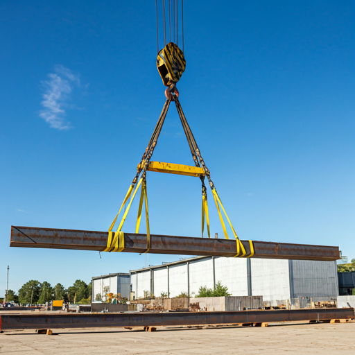 Industrial crane lifting heavy steel load with yellow slings